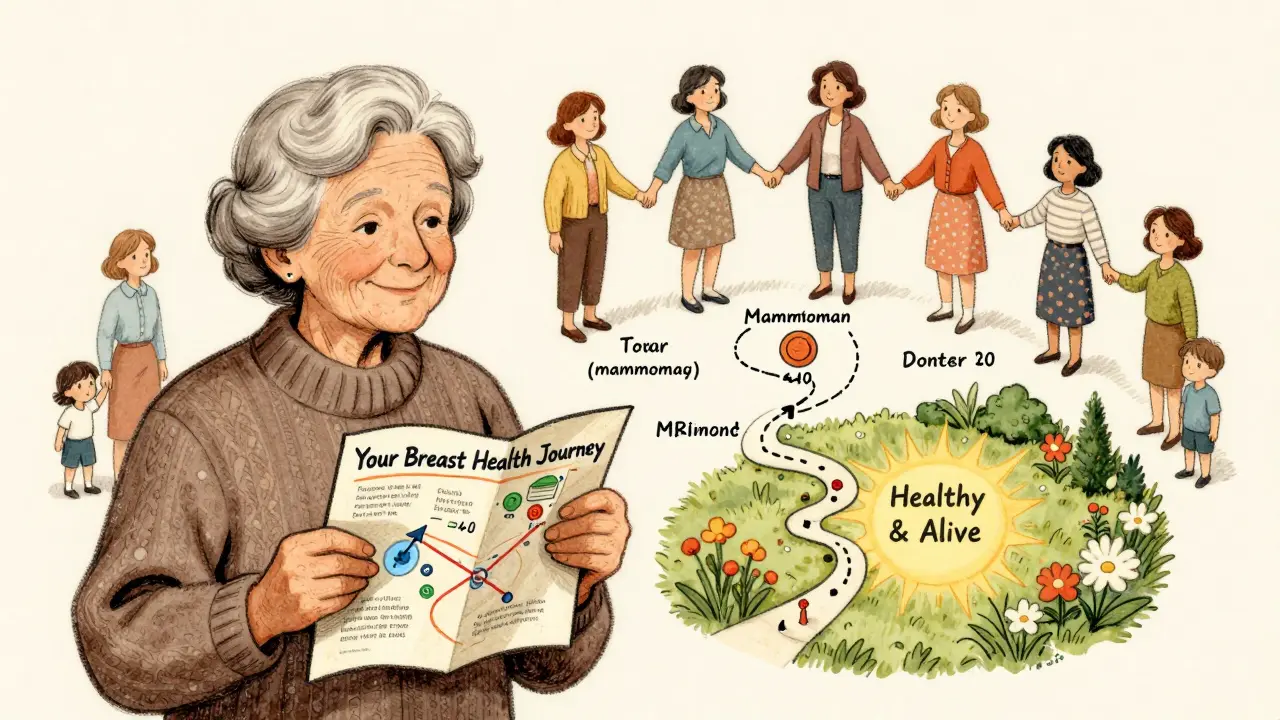 An elderly woman holds a map of breast health journey, surrounded by diverse women in a hopeful garden.