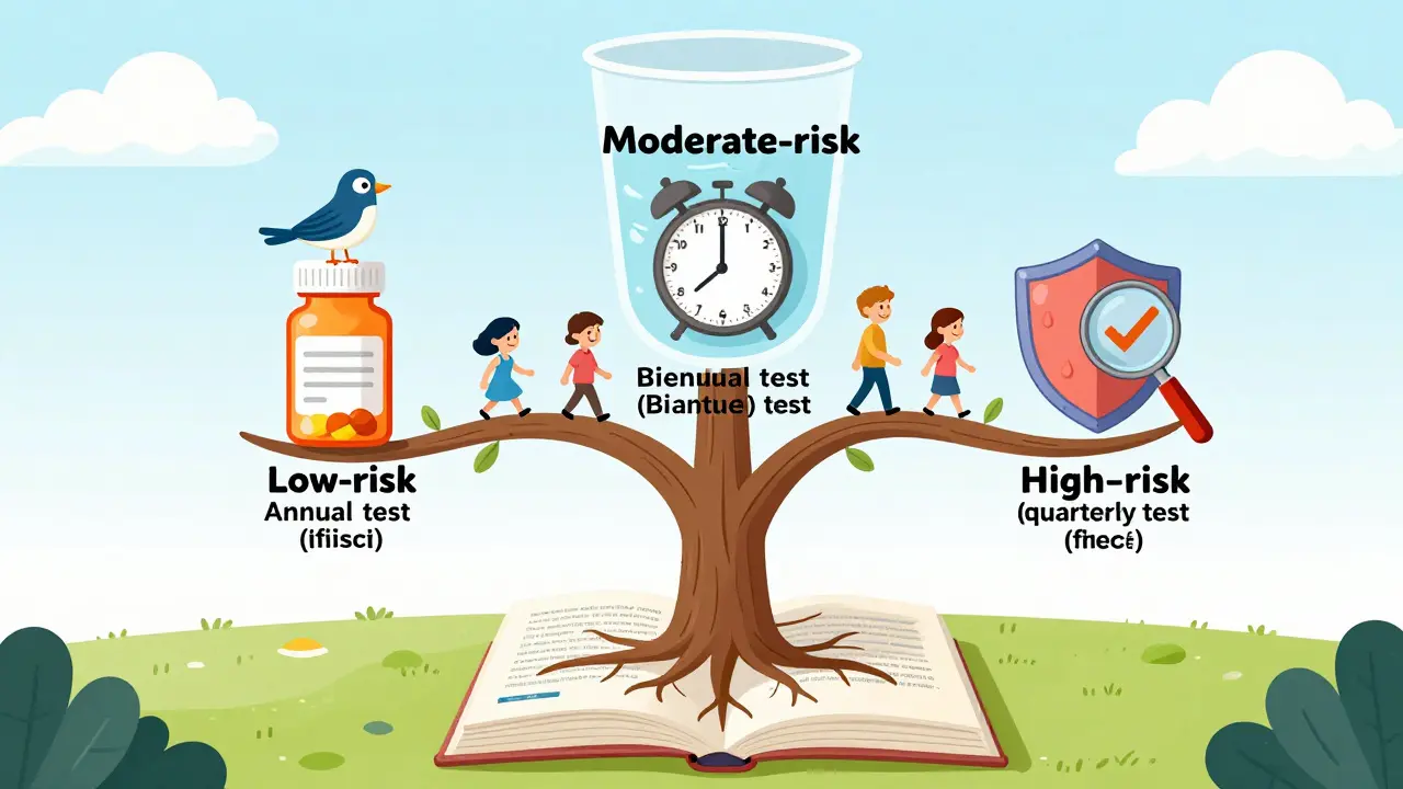 Colorful risk-stratification tree showing annual, biannual, and quarterly urine testing with symbolic icons.