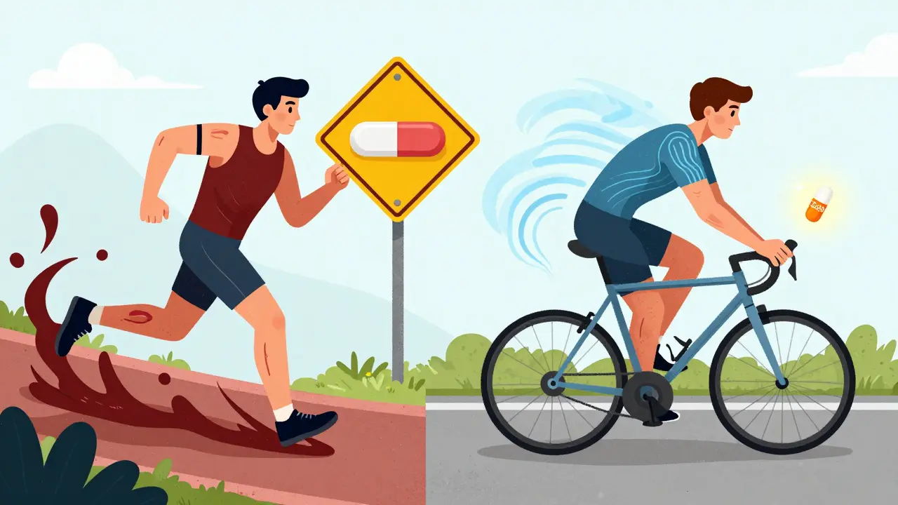 Contrasting scenes: intense running with muscle damage vs. calm cycling with CoQ10 light, illustrating safe exercise options.