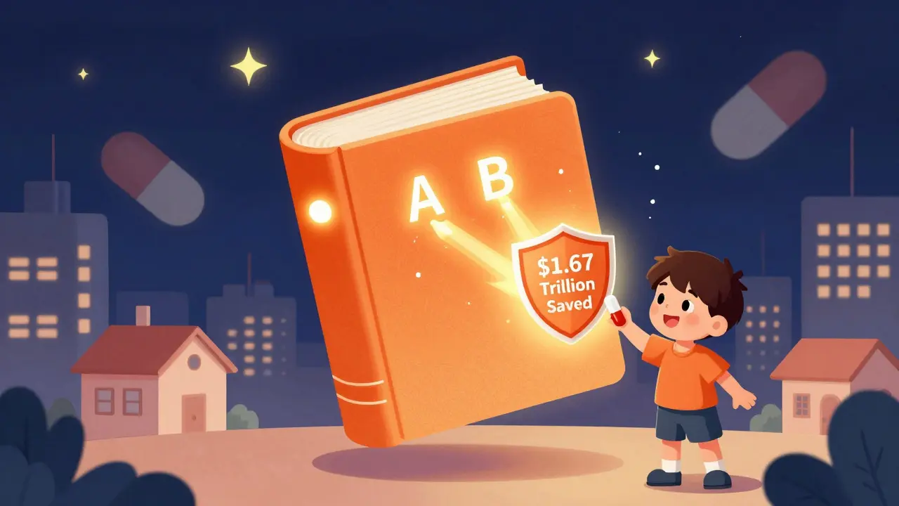 Digital Orange Book floating over a city, with 'A' and 'B' codes powering healthcare systems and saving money.
