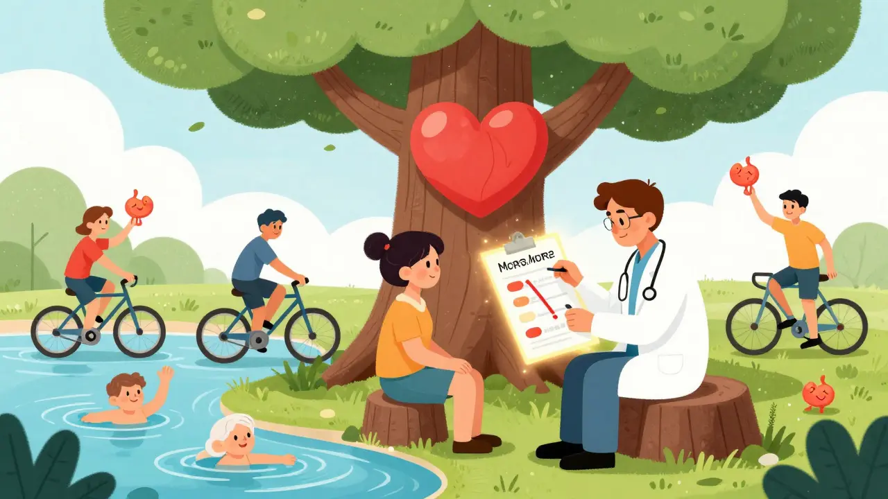 Doctor and patient under a heart-shaped tree reviewing a chart, with others exercising peacefully nearby.