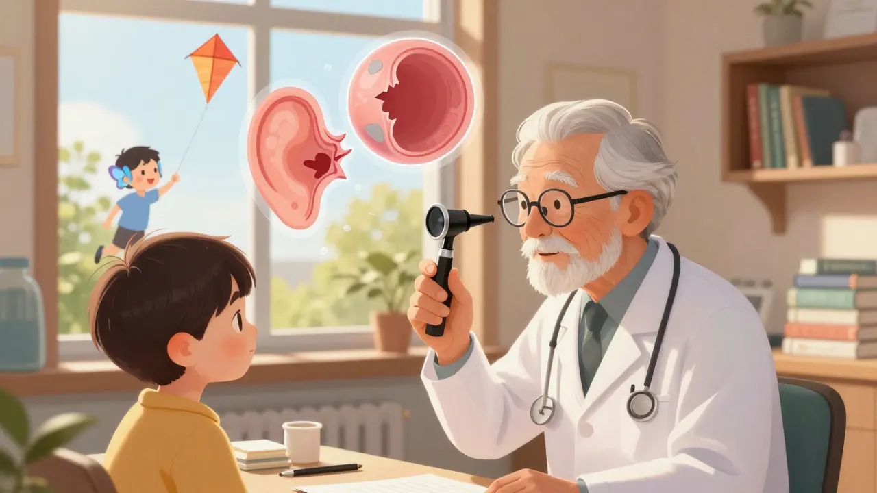 Doctor examining an ear with a glowing otoscope while floating images show the healing process in a cozy clinic.