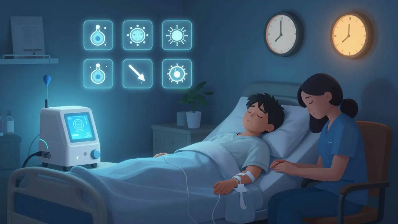 Nocturnal dialysis happening while a patient sleeps, with a care partner nearby.
