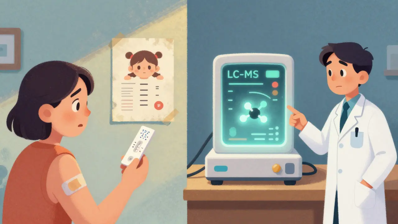 Patient with fentanyl patch receives negative test on left; modern machine correctly detects fentanyl on right.