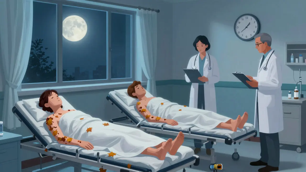 Patients in a hospital burn unit lie under sheets as their skin peels away like autumn leaves.