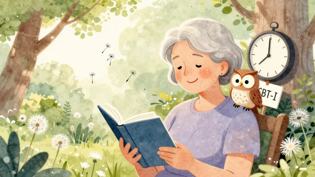 Senior woman reading in garden with owl holding 'CBT-I' sign, no pills or screens, peaceful sunset.