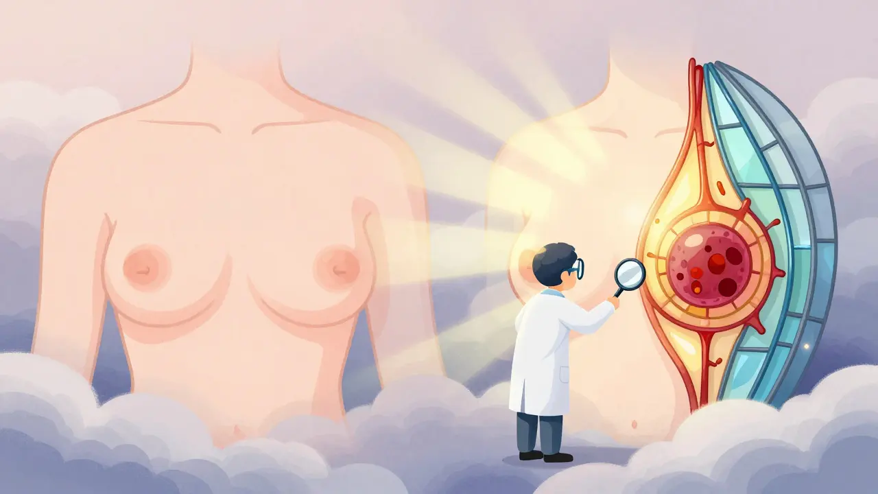 Side-by-side 2D and 3D breast images shown as cartoon anatomy, with 3D revealing a hidden tumor.