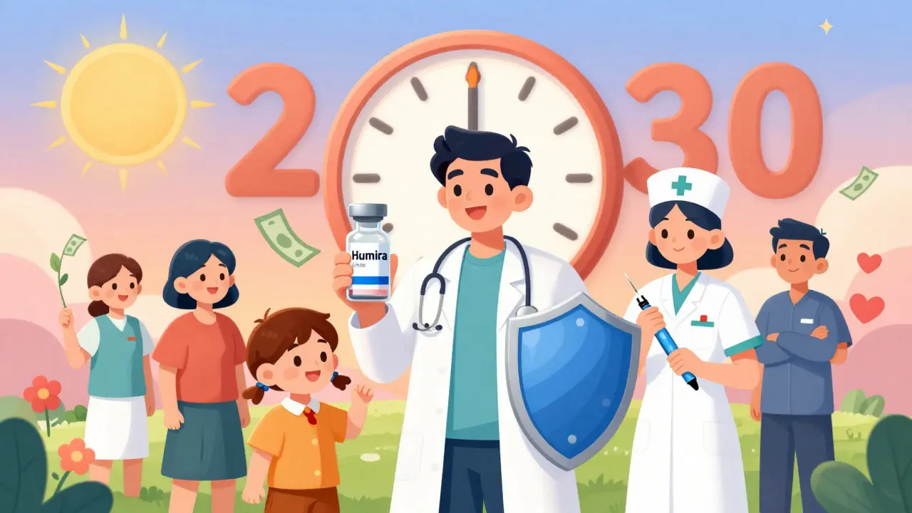 Specialty pharmacy heroes train a child to use an insulin pen while biosimilars rise like suns in a hopeful, colorful scene.