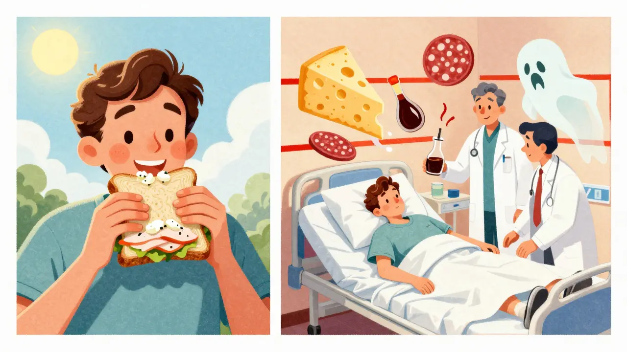 Split illustration: a happy person eating safe food vs. another collapsing in hospital with ghostly images of tyramine-rich foods above.