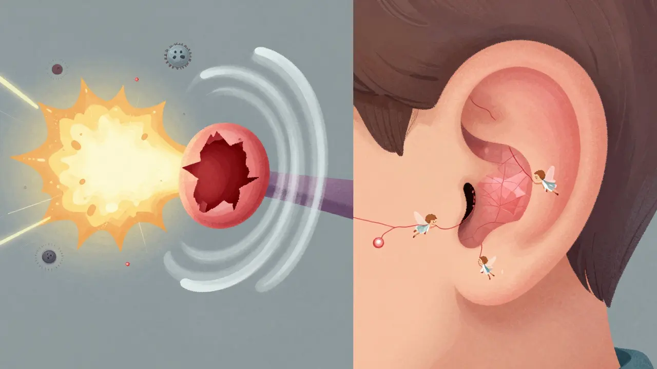Split illustration of a damaged eardrum healing into a patchwork of pink tissue, with tiny fairies helping repair it.