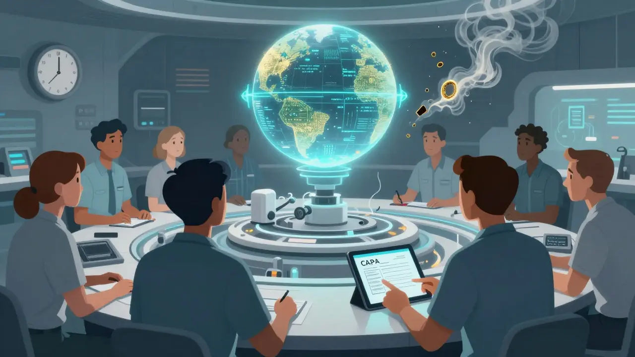 Team watches an AI orb predicting defects on a medical device line, with a tablet auto-generating a CAPA.