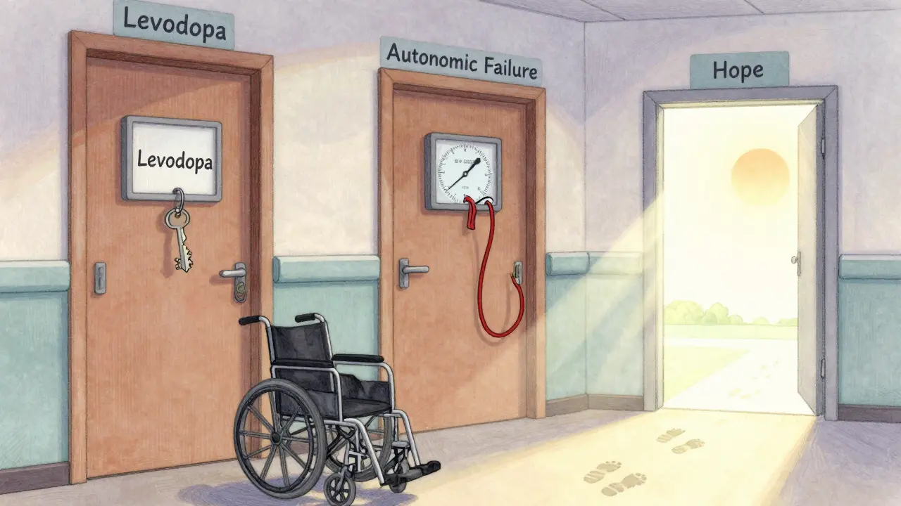 Three symbolic doors in a hospital hallway represent failed treatment, autonomic decline, and faint hope, with an empty wheelchair ahead.