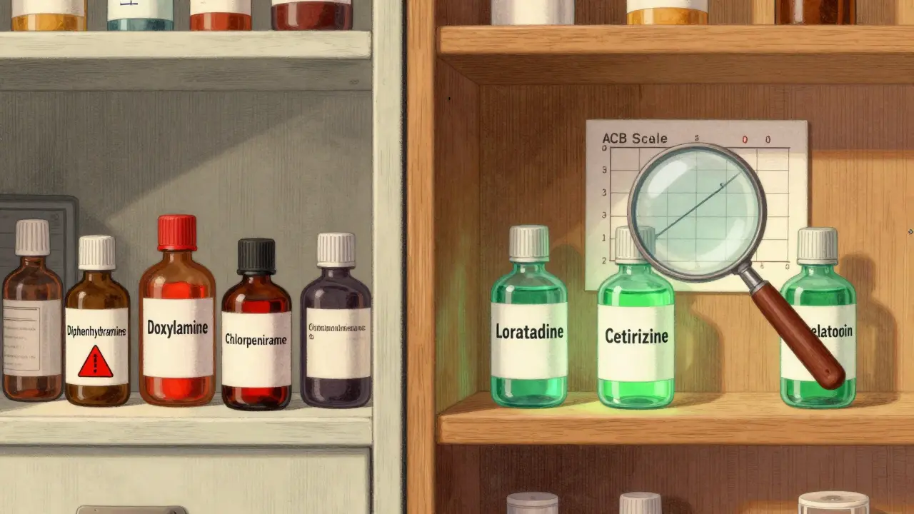 Two medicine cabinets: one with risky anticholinergic drugs, one with safer alternatives, ACB scale visible.