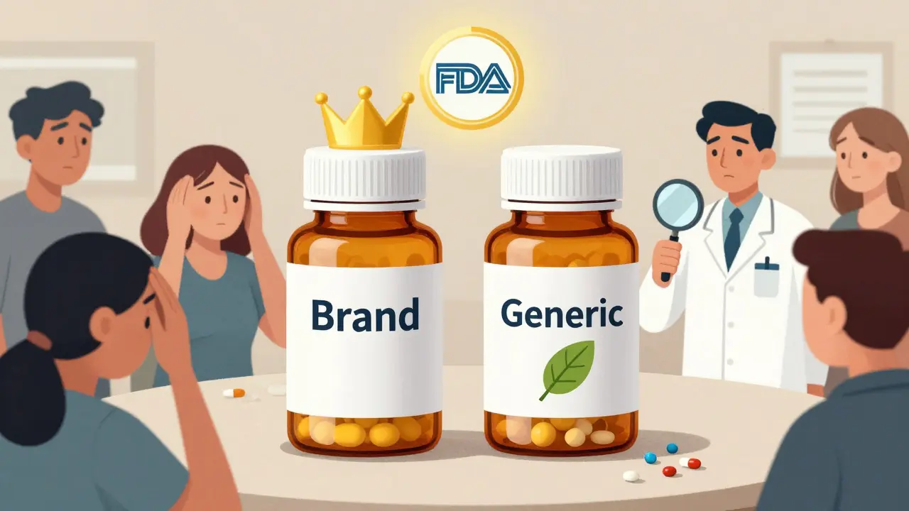 Two pill bottles labeled 'Brand' and 'Generic' side by side, with a pharmacist examining tiny differences under a magnifying glass.