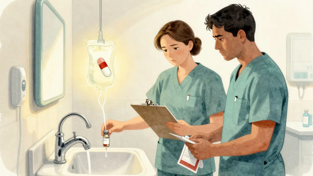 Two staff members witness the disposal of a controlled substance, signing a log as it's flushed away.