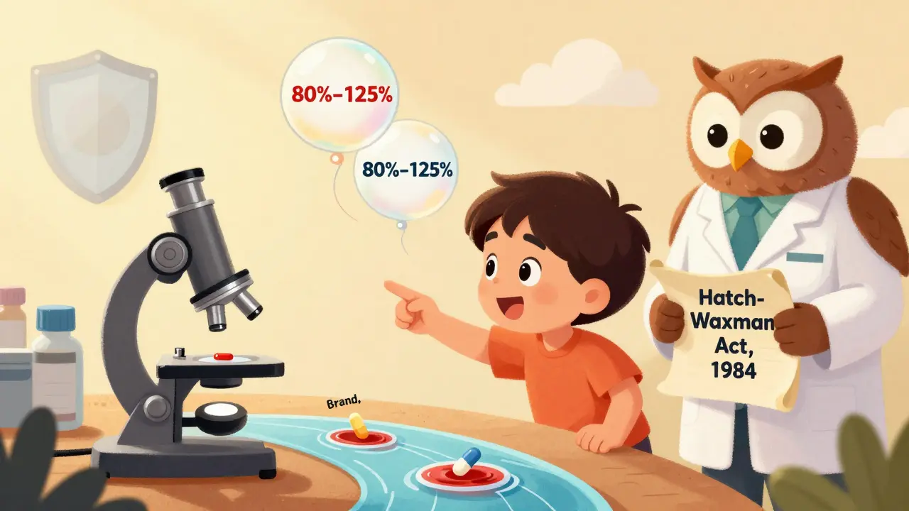 A child and owl examine pills dissolving in blood, with bioequivalence numbers floating nearby.