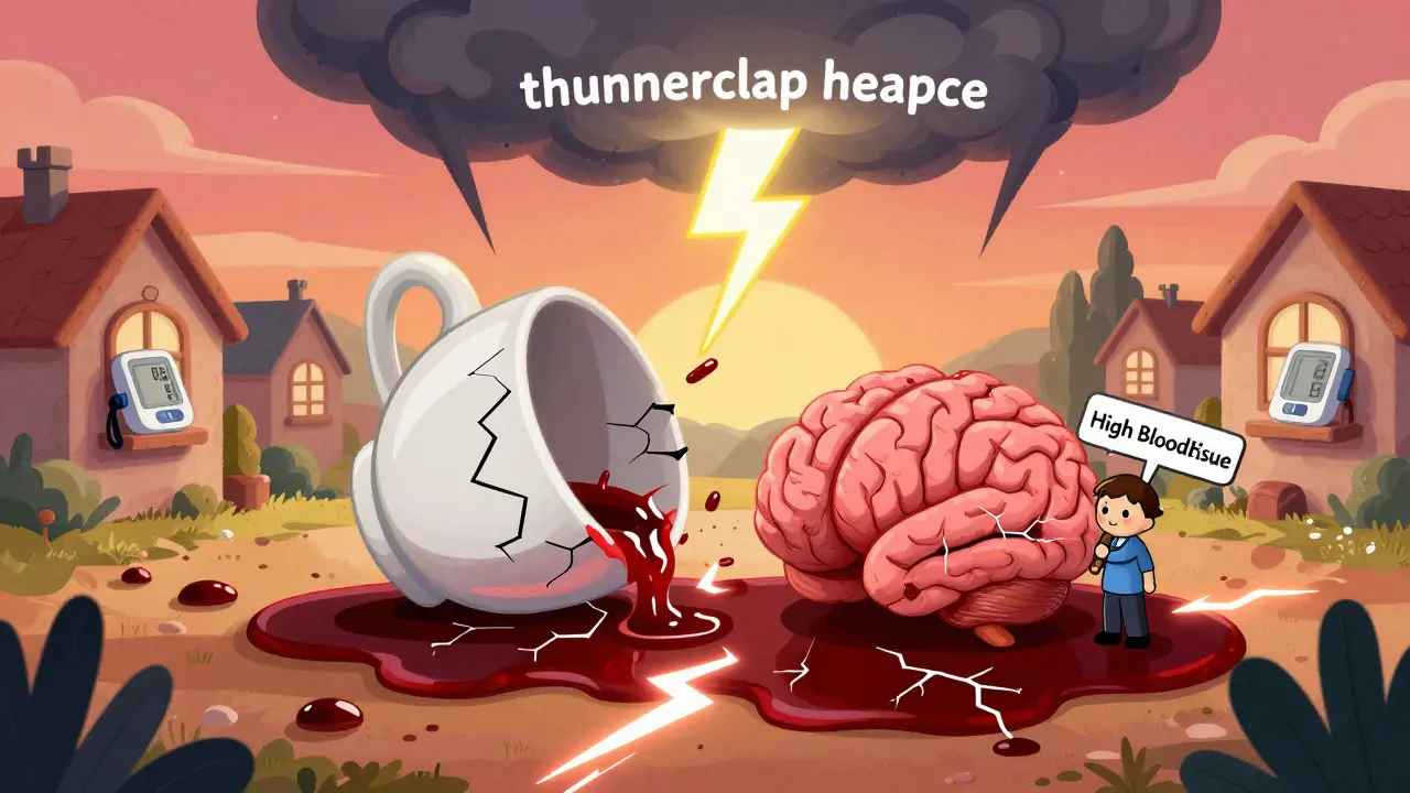 A cracked teacup spilling blood over a brain landscape, with a hammer labeled 'High Blood Pressure' and a thunderclap headache cloud above.
