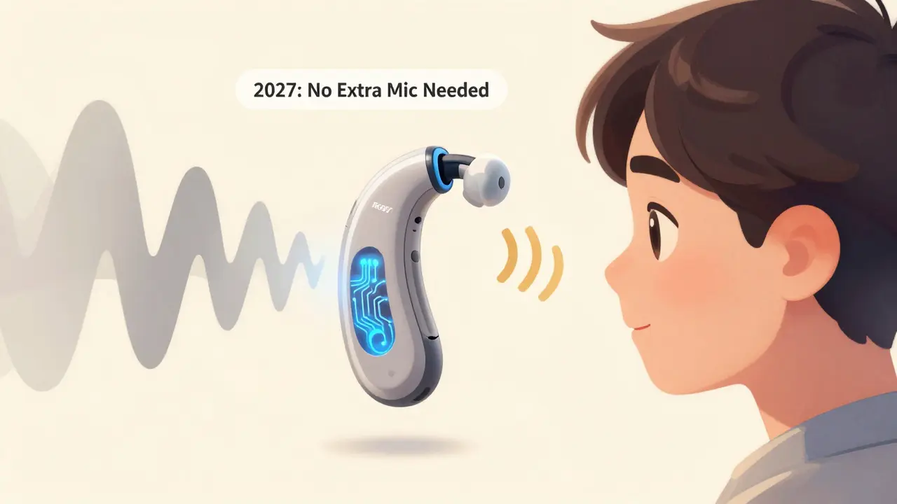 A future hearing aid with built-in tech automatically filters noise and enhances speech without extra devices.