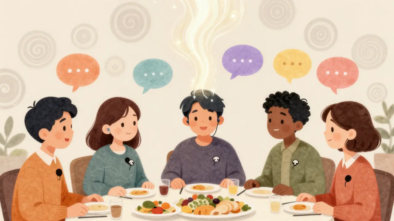 A group of people at dinner each wear microphones whose voices merge into a glowing stream for one listener.