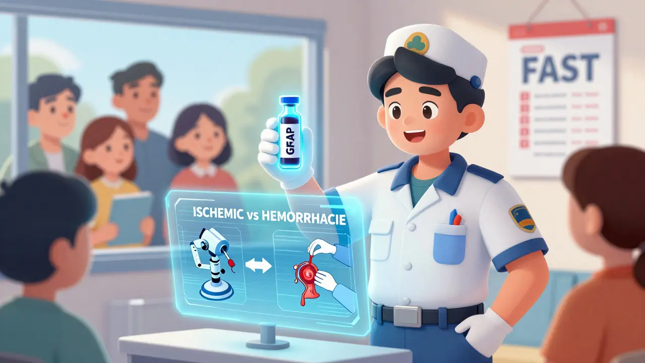 A paramedic holding a glowing blood test vial, with holographic arrows guiding to two stroke treatments, while a family watches from a window.