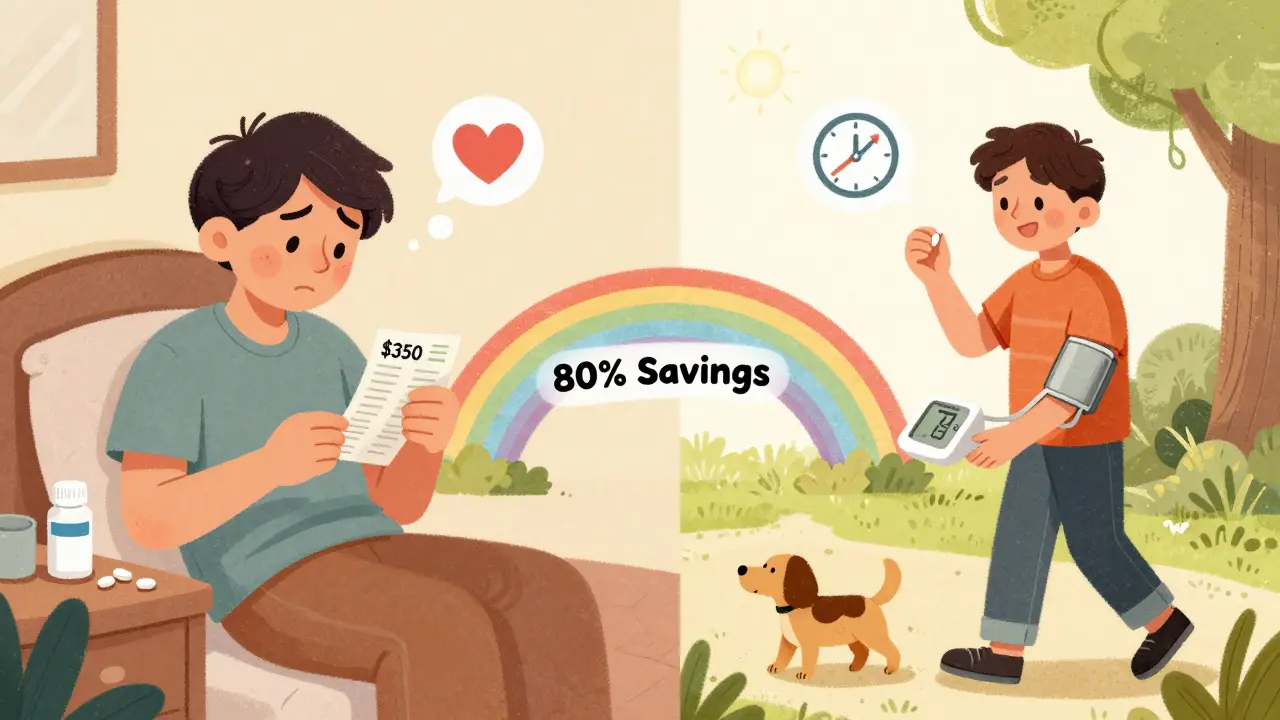 A patient's life improves after switching to affordable generics, shown in before-and-after panels.