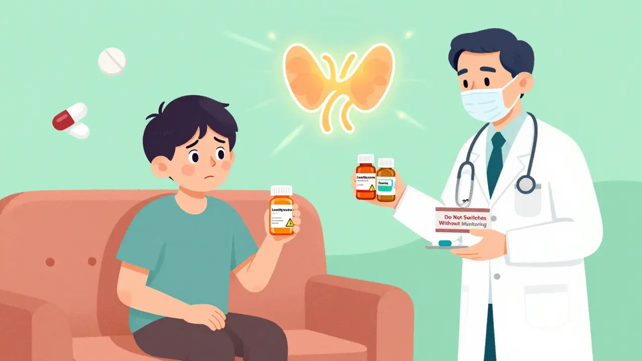 A patient hesitates with a thyroid medication bottle while doctors warn against switching without monitoring.