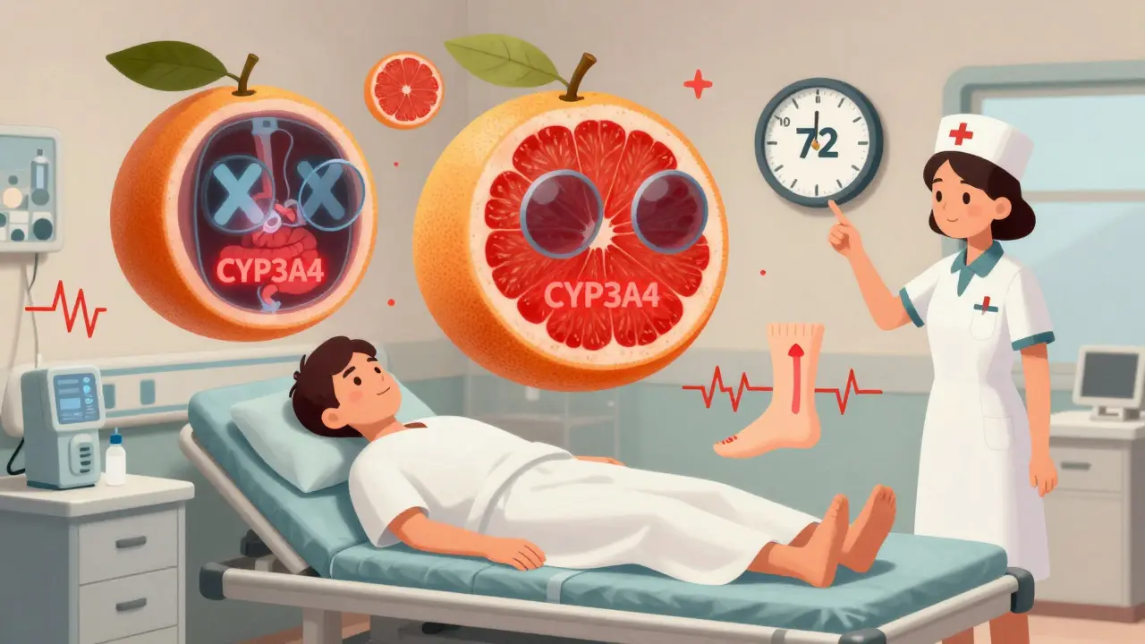 A patient lies unconscious as giant grapefruits reveal blocked enzymes in a surreal medical storybook scene.