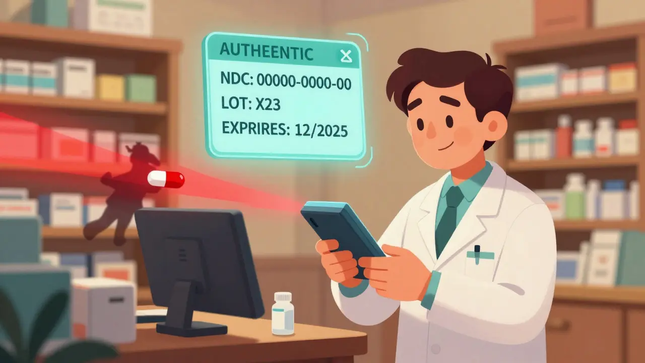 A pharmacist scanning a drug package as a digital verification panel confirms its authenticity, while a fake pill is blocked by a red barrier.