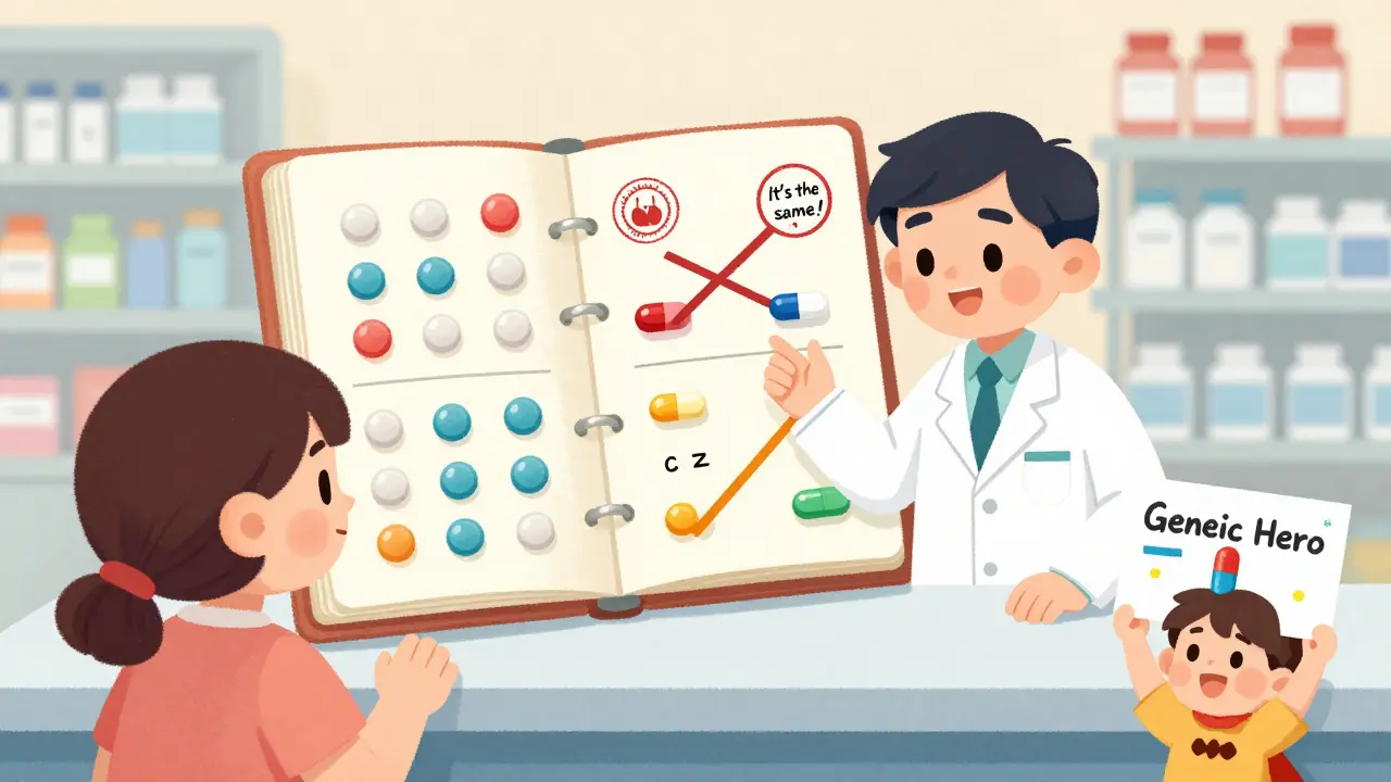 A pharmacist uses a flipbook to explain that brand and generic pills have the same active ingredient.