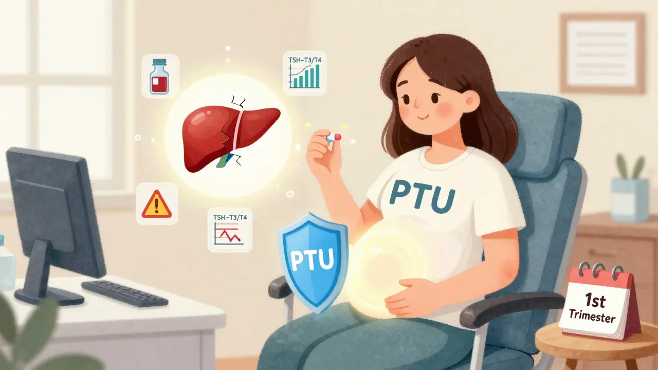 A pregnant woman taking PTU with a protective shield around her belly, surrounded by medical icons and a liver warning symbol.