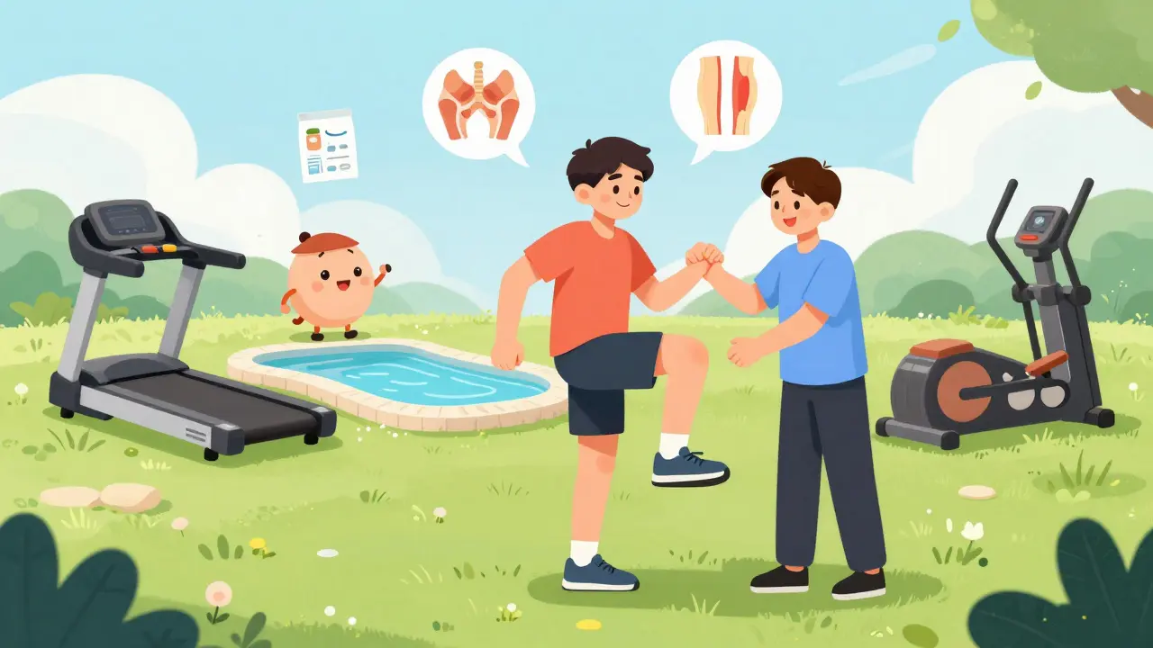 A runner does heel raises with a therapist, surrounded by symbols of cross-training and proper nutrition for recovery.