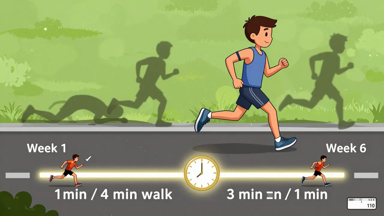 A runner follows a step-by-step return-to-run path with pain scale and 48-hour rest clock, progressing safely to full running.