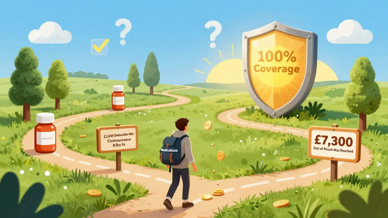 A traveler on a path marked with insurance milestones, moving toward a shield labeled 100% coverage.