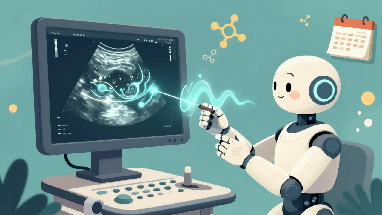 An AI eye analyzes a nodule on an ultrasound screen while a robot performs a guided biopsy, with gene symbols and follow-up dates floating nearby.