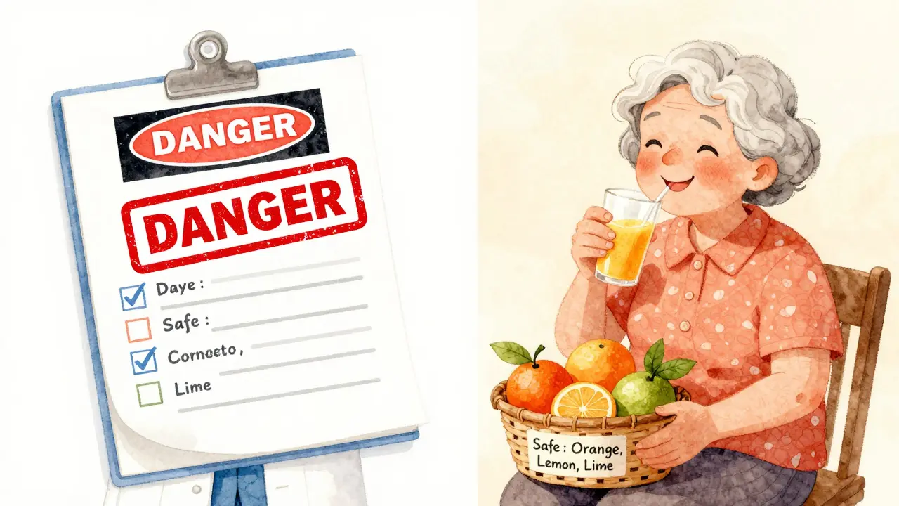 An elderly woman drinks safe orange juice while a doctor warns against grapefruit in a colorful illustration.