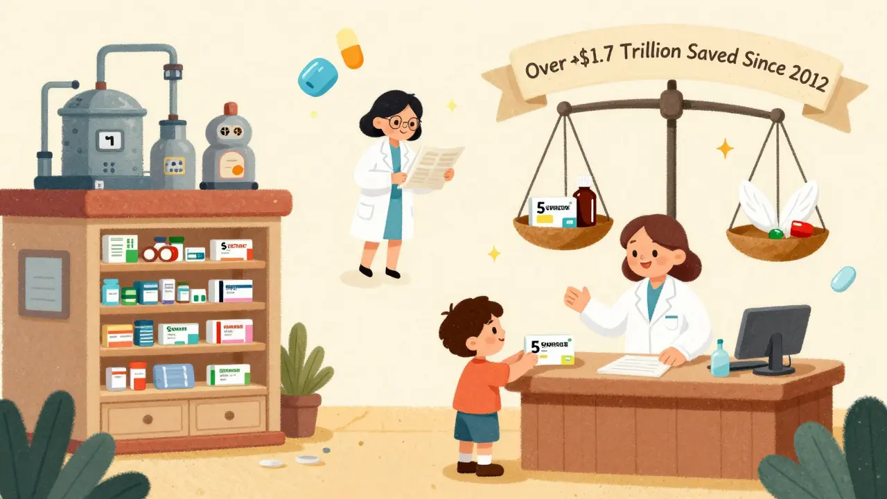 Child receiving affordable generic medicine at pharmacy, with floating scenes showing fee payments and cost savings above.
