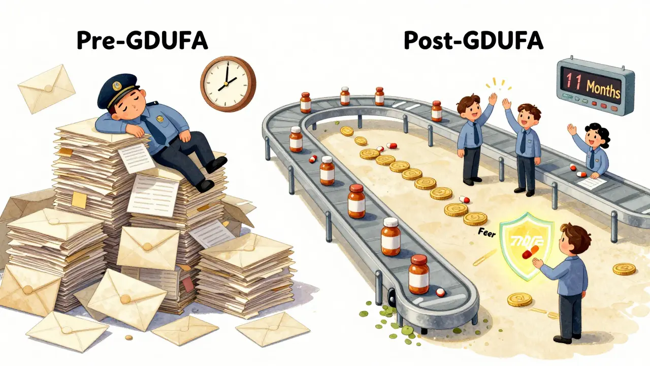 Contrast scene: chaotic pile of unprocessed applications vs. streamlined system with speeding pill bottles and digital timer.