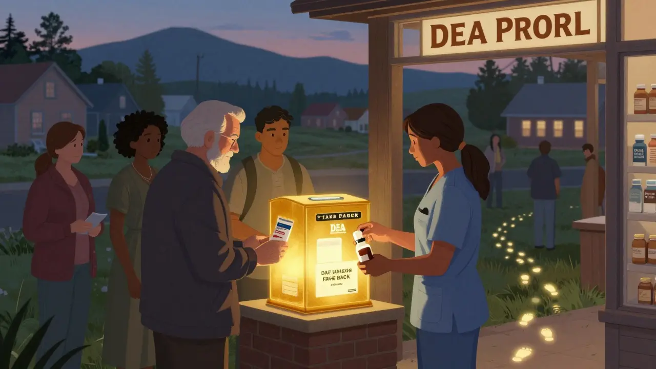 Diverse people dropping off opioid pills at a glowing pharmacy take-back box under a dusky sky.