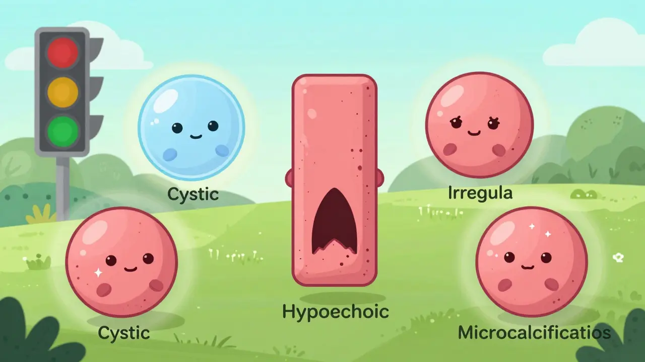 Five cartoon thyroid nodules displayed with visual features like shape, texture, and microcalcifications under a traffic-light risk system.