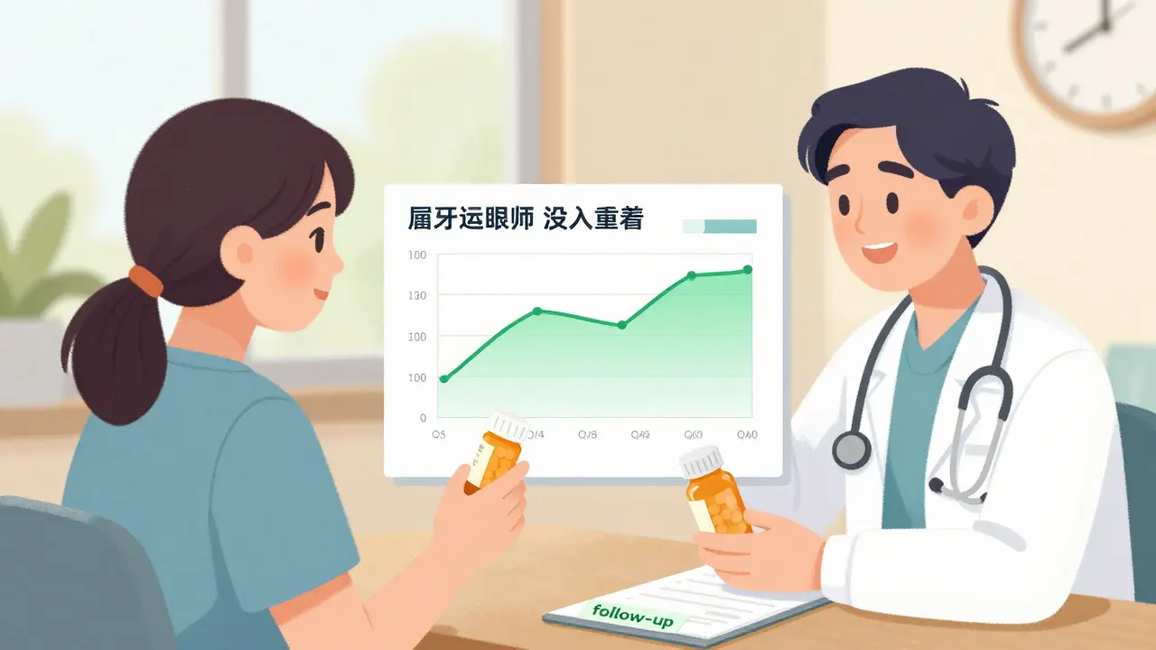 Patient and provider reviewing stable therapeutic range chart after successful drug switch.