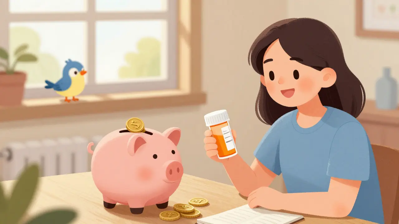 Patient smiling with prescription bottle next to piggy bank overflowing with coins.