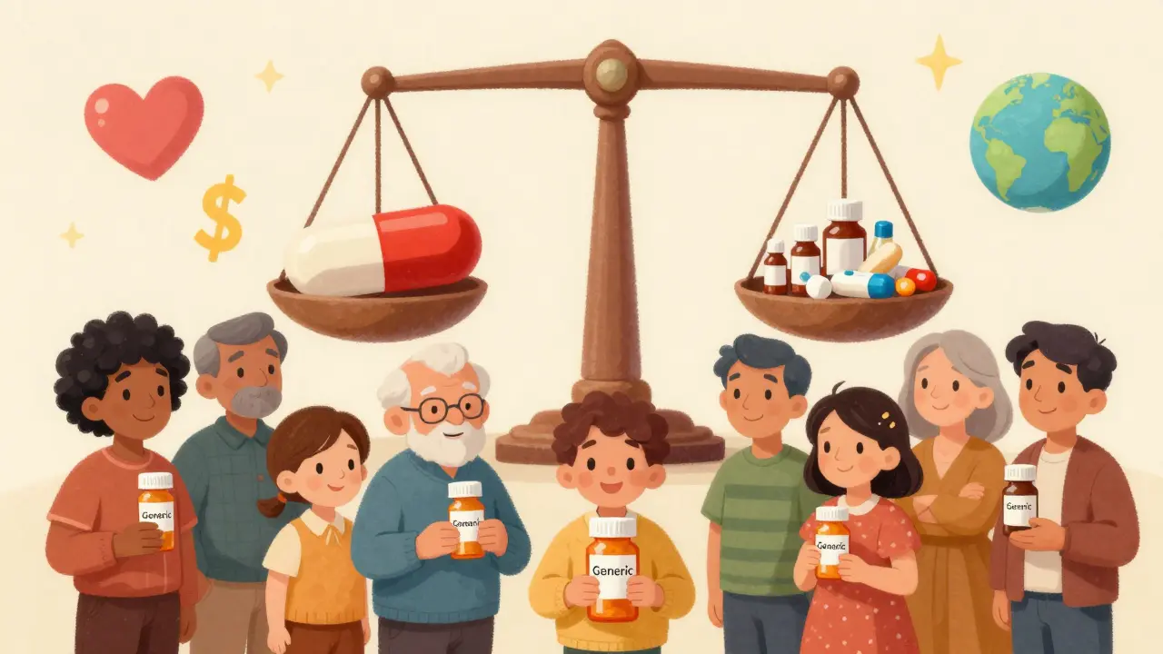 Patients hold generic medications as a scale balances them with a brand-name drug, representing safety and savings.