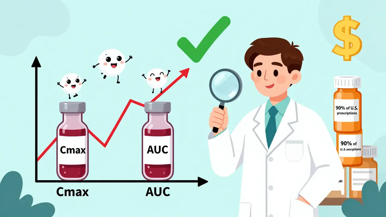 Scientists compare identical blood absorption graphs from brand and generic drugs with cheerful data sprites.