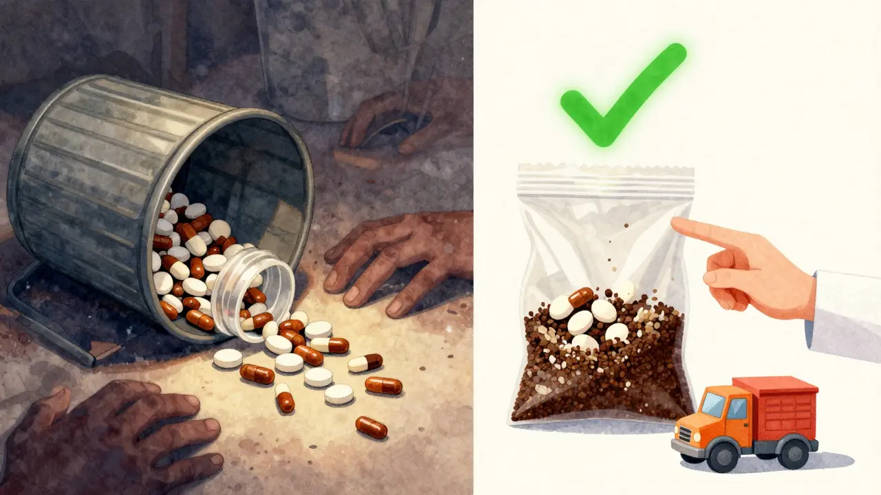 Split scene: dangerous trash disposal vs. safe mixed disposal with a green checkmark and pharmacist guiding the choice.