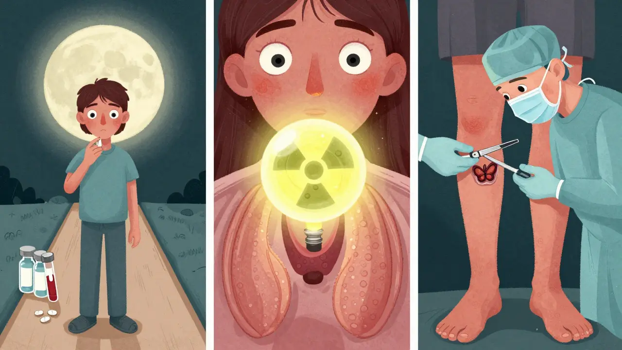 Three treatment paths for Graves’ disease: pills, radioactive iodine, and surgery, with eye and skin symptoms visible in the background.