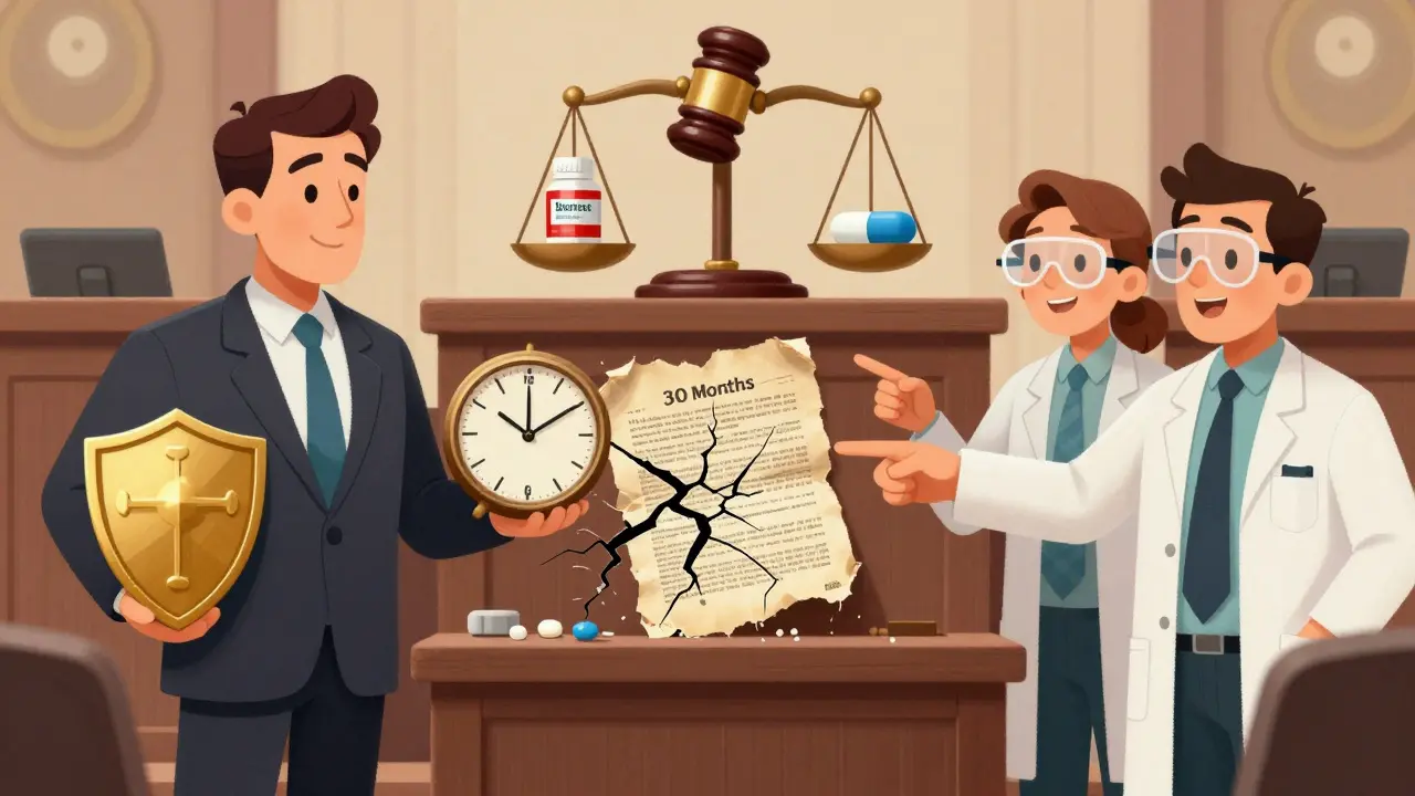 A courtroom scene where a generic team uses old research to break a brand's patent, while a clock ticks down the 30-month legal delay.