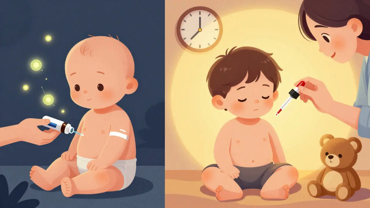 A parent giving fever medicine to a baby four hours after vaccination, with glowing immune cells nearby.