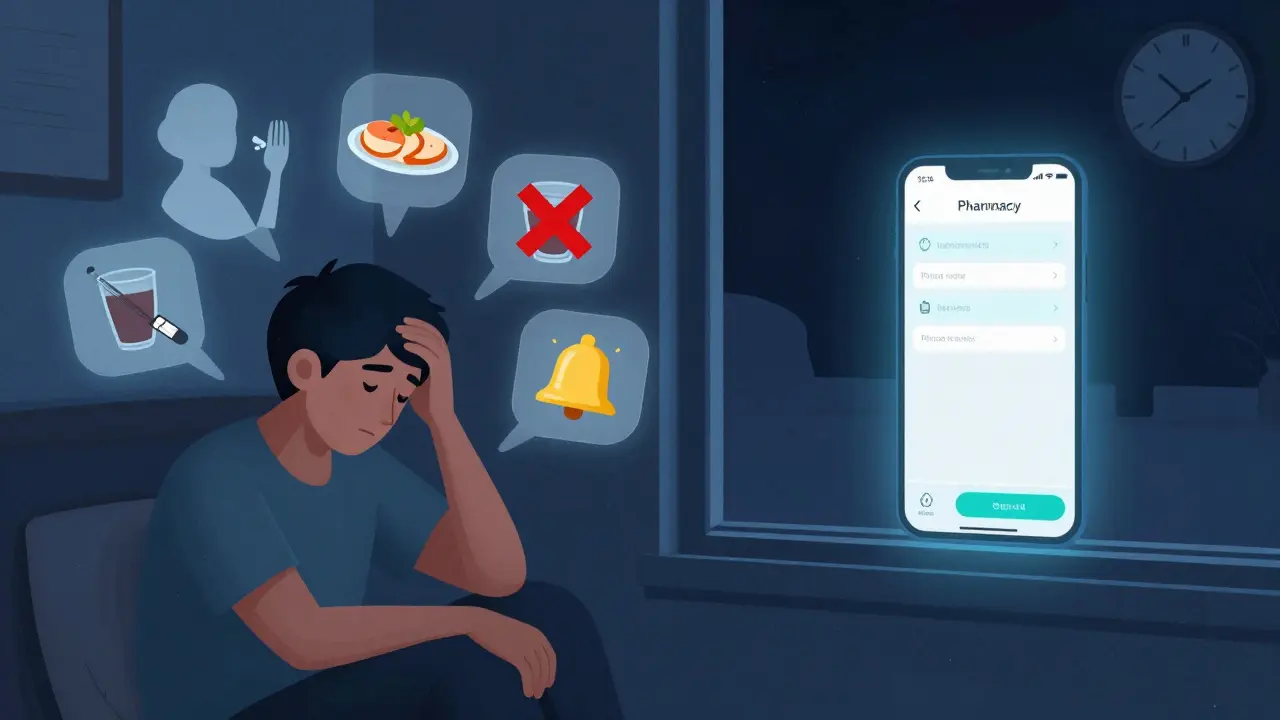 A patient at home is surrounded by floating reminders of pharmacist advice, while a slow-loading app glows on their phone.