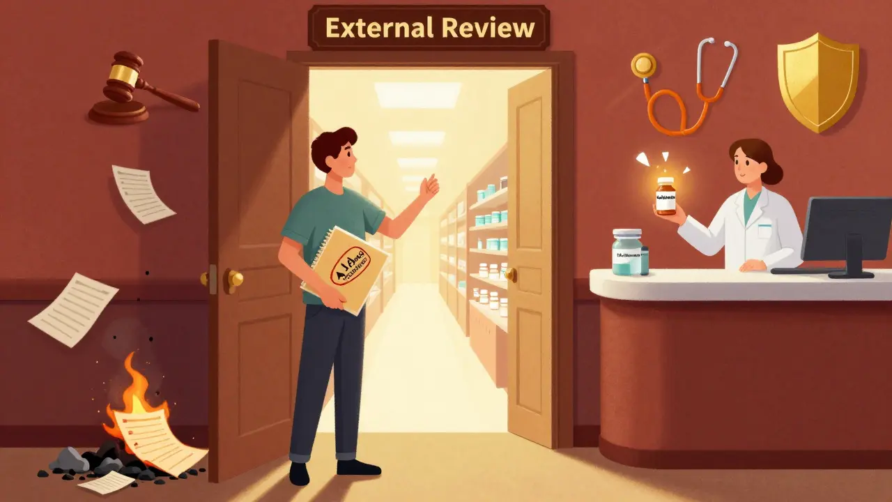 A patient opening a door to approval, leaving behind denial letters, as a pharmacist hands them their prescribed medication.