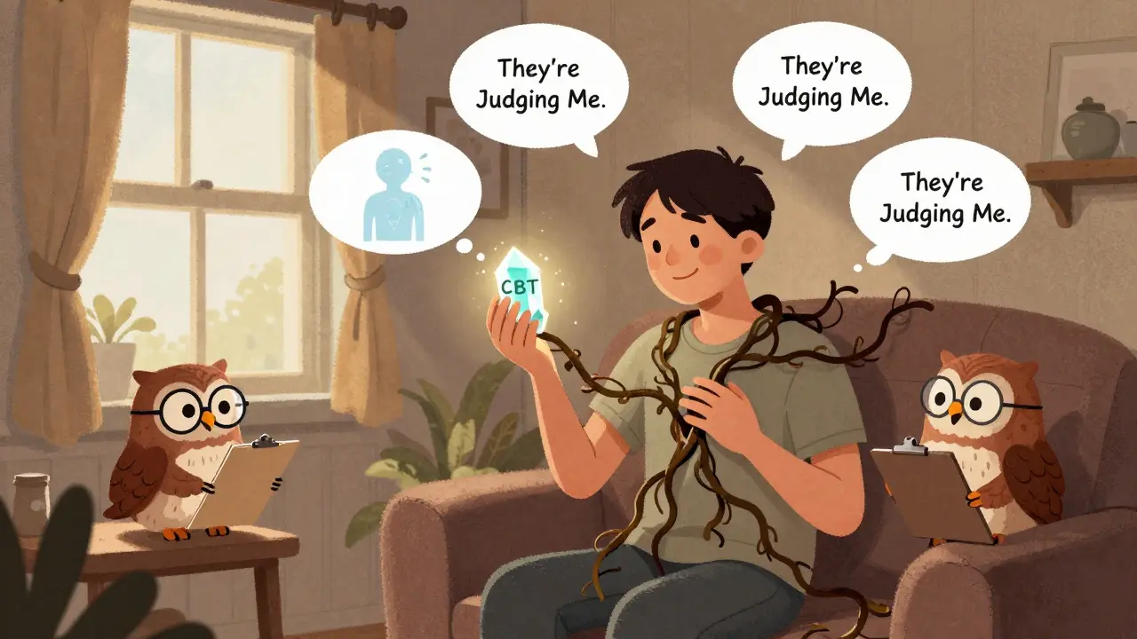 A person in therapy untangling dark vines from their chest with a glowing CBT crystal.